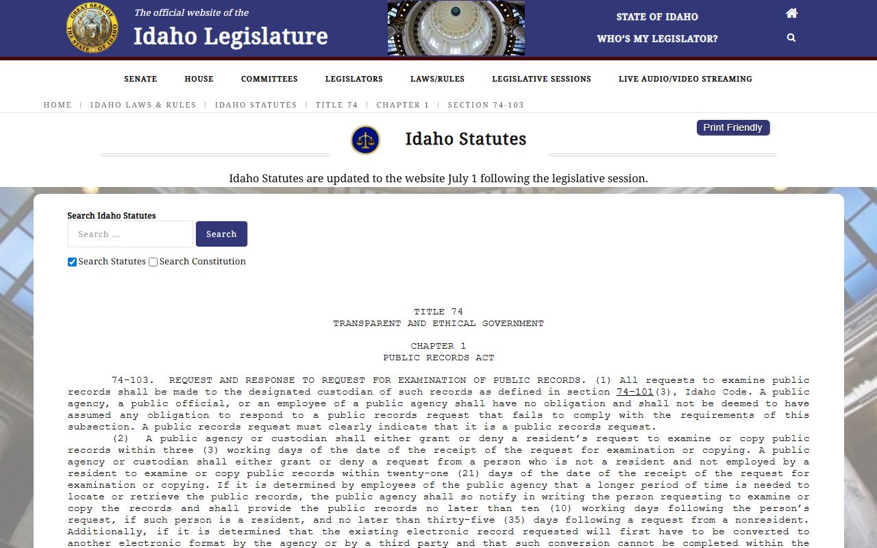 Camas County court dockets Idaho public records response timing statute