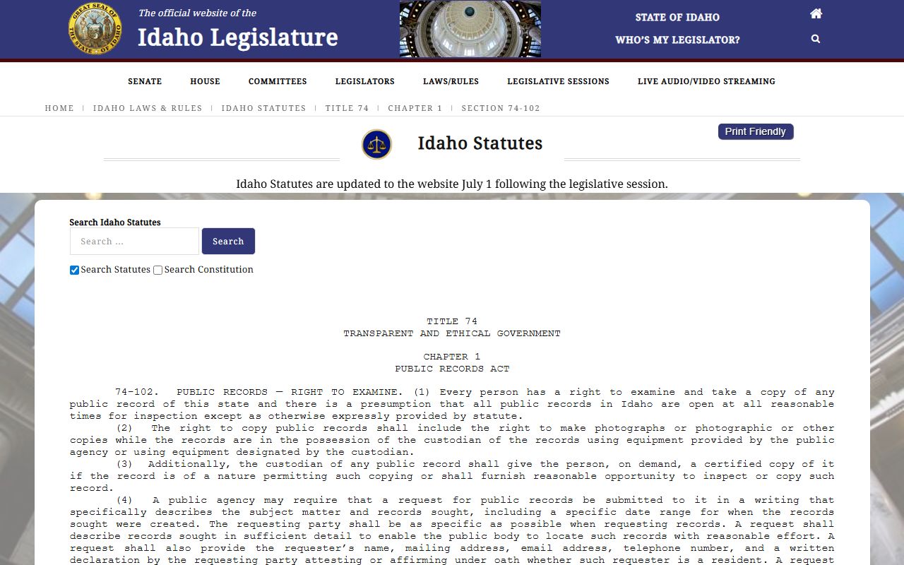 Camas County court records Idaho public records statute page