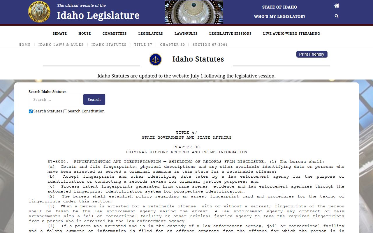 Camas County criminal court records Idaho criminal history dissemination statute
