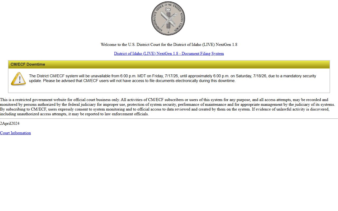Camas County District Court federal CM ECF distinction