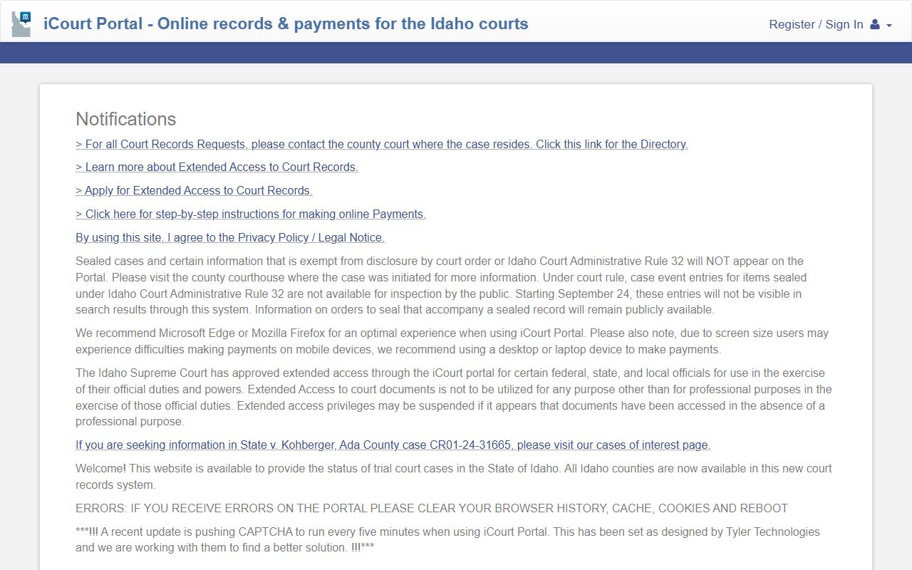 Camas County court records search through Idaho iCourt Portal