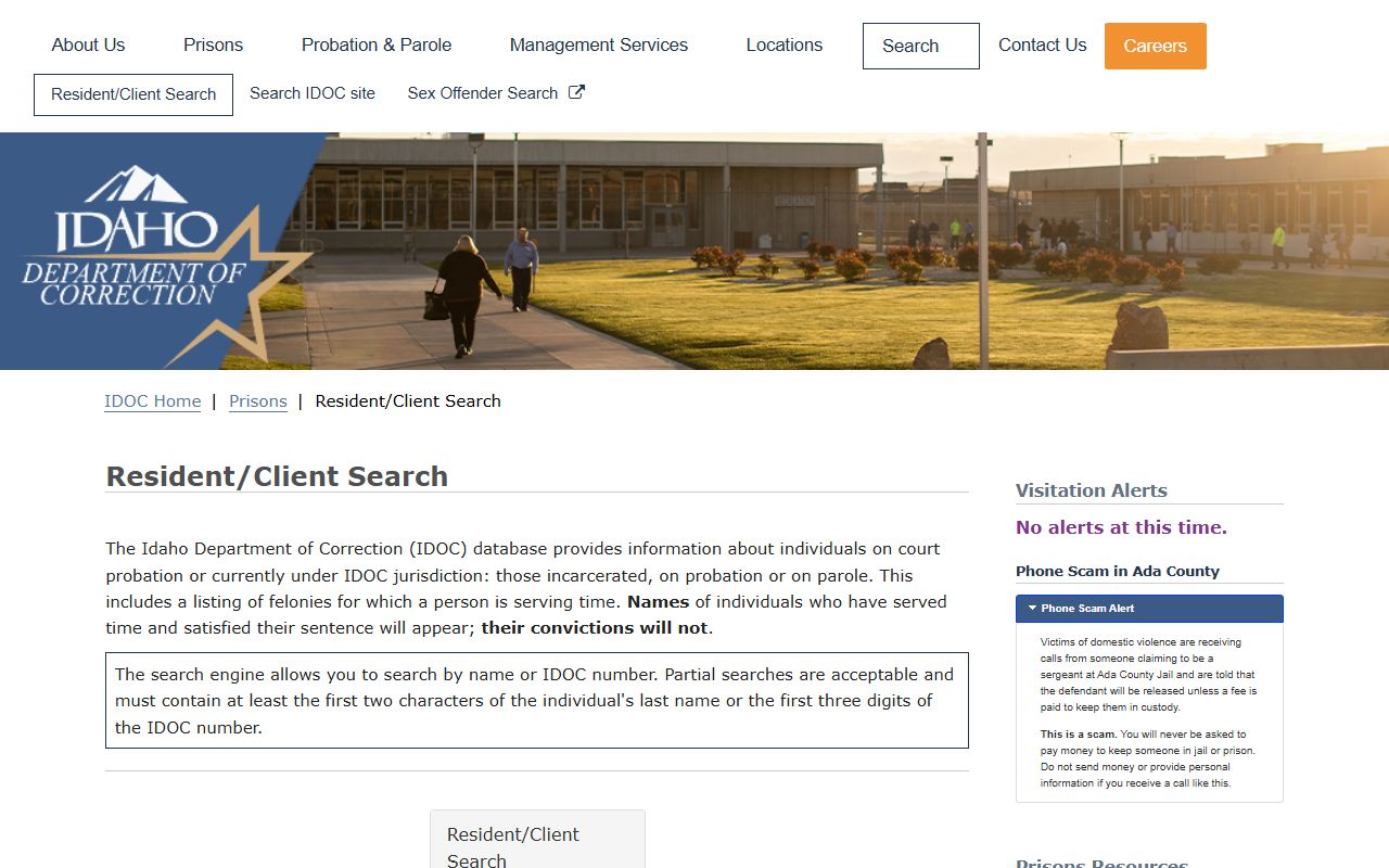 Camas County inmate records and Idaho Department of Correction resident client search