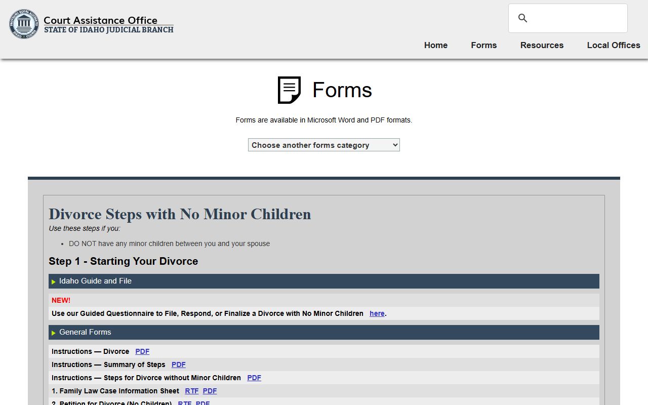 Camas County divorce records Idaho Court Assistance divorce forms