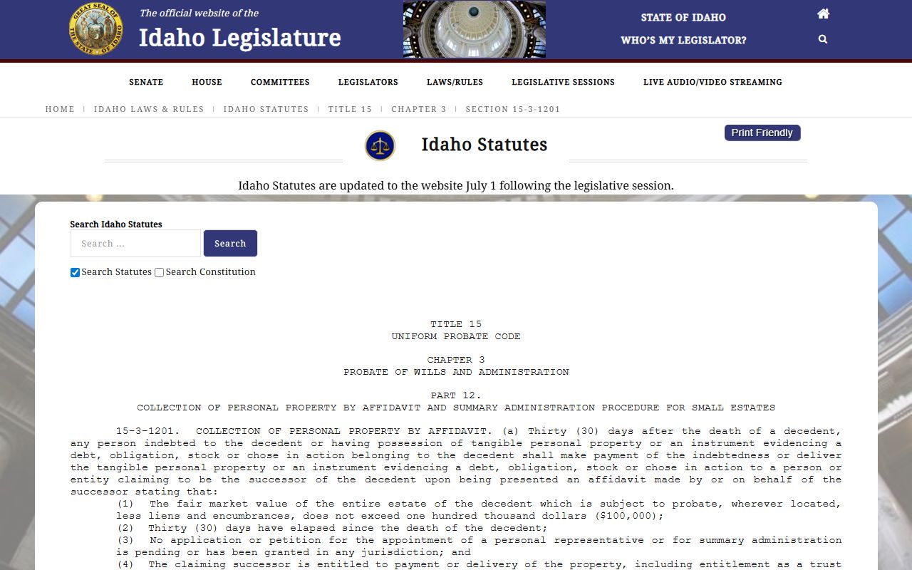 Camas County probate records Idaho small estate affidavit statute